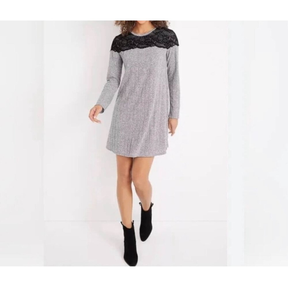 Maurices 24/7 Hacci Knit Lace Yoke Long Sleeve Gray Sweater Swing Dress Large